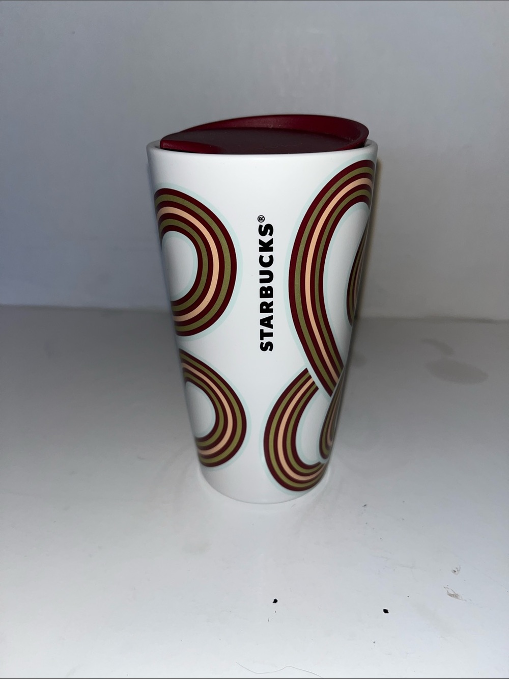 Starbucks White Tumbler with Maroon and Brown Retro Rings
